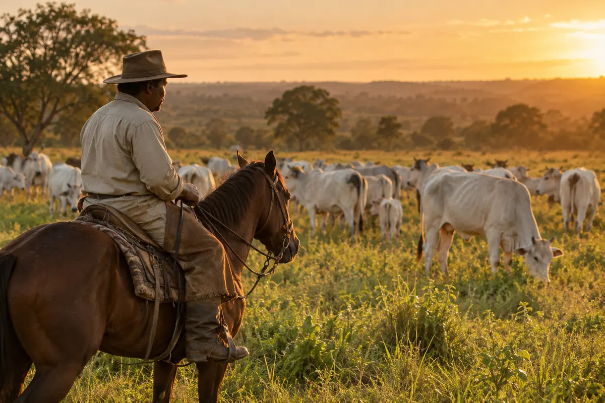 Vaqueiro a cavalo conduzindo gado de corte no pasto ao entardecer