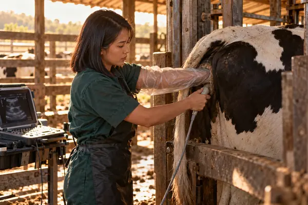 Técnica fazendo ultrassonografia reprodutiva em vaca leiteira no tronco