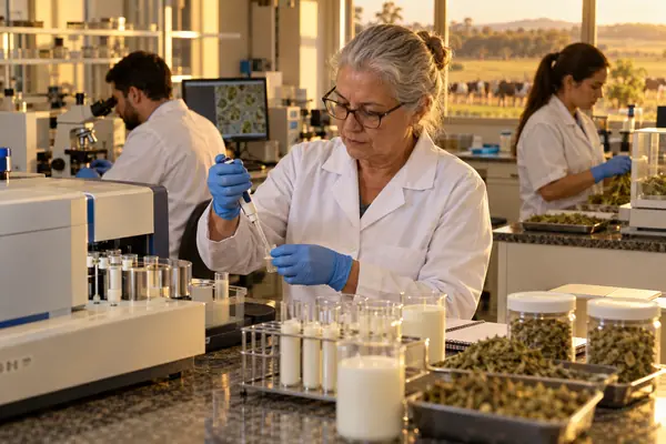 Equipe de laboratório analisando amostras de leite e forragem