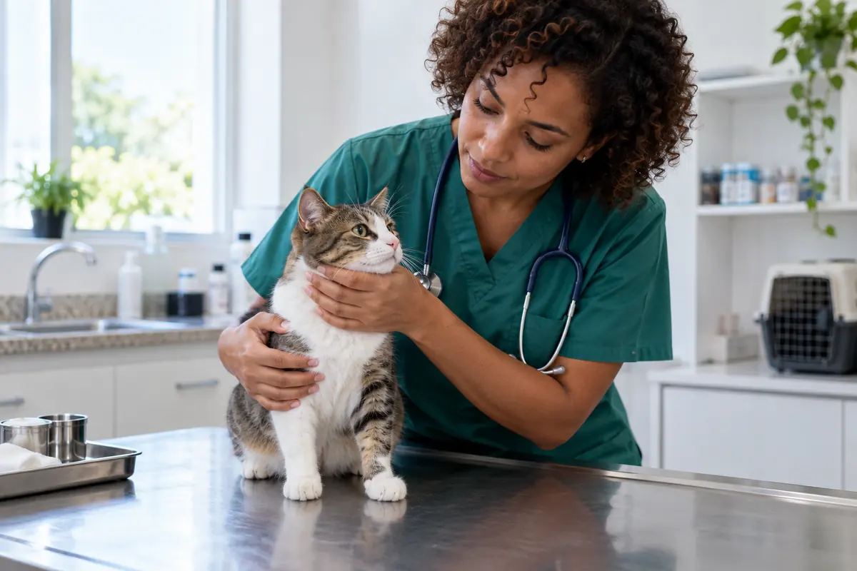Veterinária examinando um gato no consultório