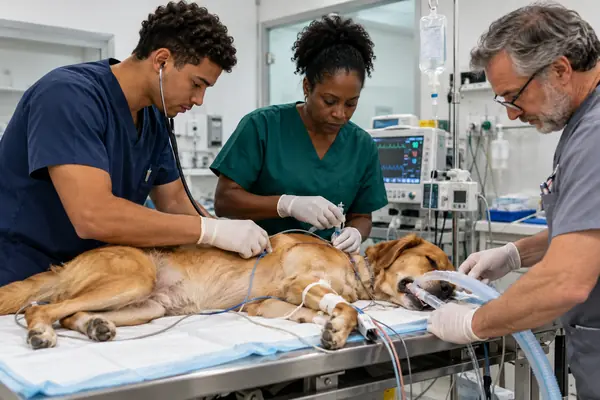 Equipe veterinária atendendo um cão na emergência
