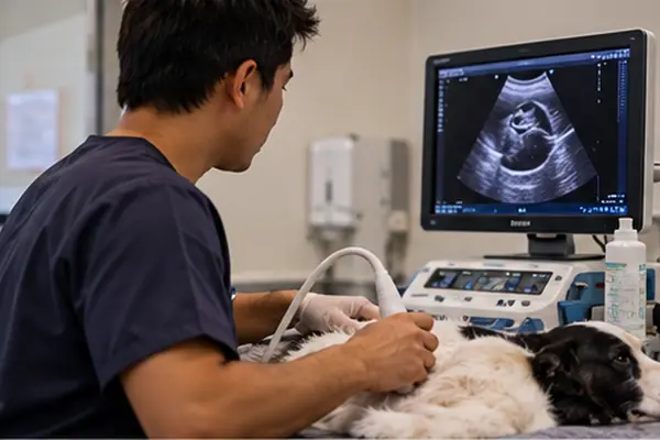 Veterinário fazendo ultrassonografia abdominal em um cão