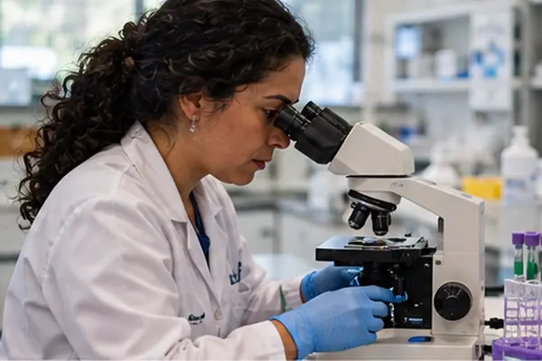 Veterinária analisando amostra ao microscópio