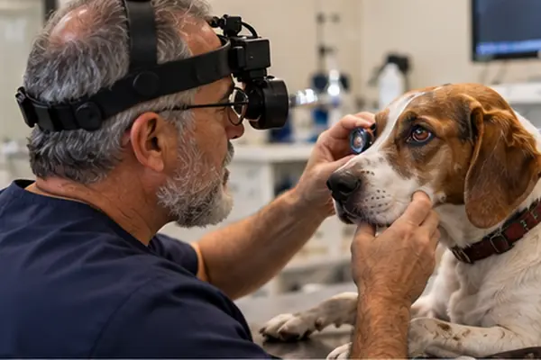 Veterinário fazendo exame oftalmológico em um cão
