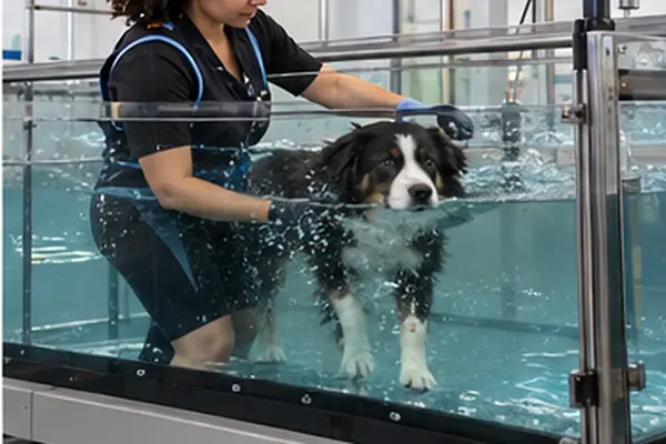 Fisioterapeuta acompanhando um cão em esteira aquática