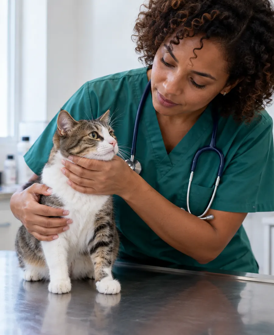 Veterinária examinando um gato no consultório